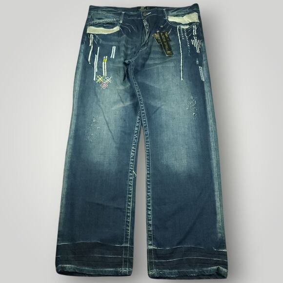 Akademiks Jeans Mens 42 Vtg Relaxed Y2K Wide Leg Distressed Flap Pocket Stacked - Picture 1 of 8